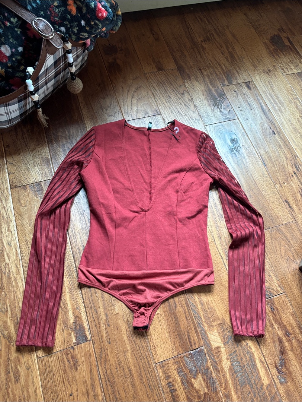 Blanc Sexy Ribbed Sleeve Rust Red Bodysuit deep v neck